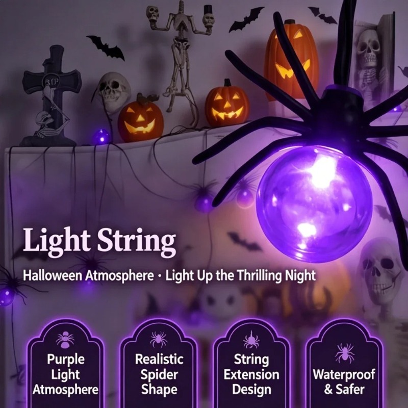 Outdoor Power Lights - Op batterijen werkende Spider LED-lichtslingers, Halloween-buitendecoraties