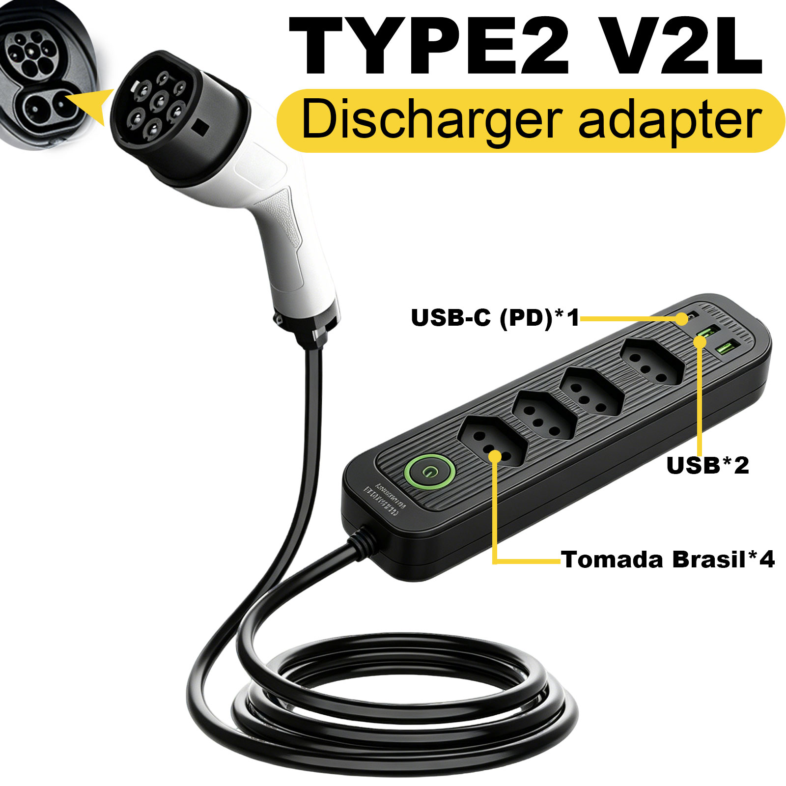 Outdoor Power Port - Type2 V2L-ontladingsadapter 16A Braziliaanse stekker EV