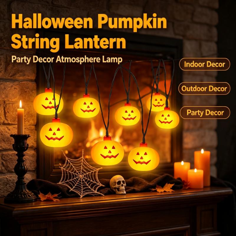 Outdoor Power Lights - Batterijgevoede Halloween-pompoen-lichtslingers 20LED, Jack-o'-Lantern-slinger voor buiten-